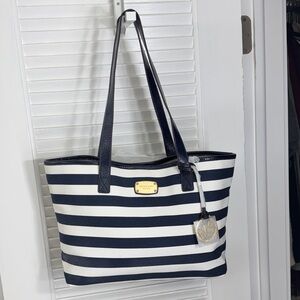 NWT Michael Kors Jersey Striped Navy and White Canvas and Leather Tote
